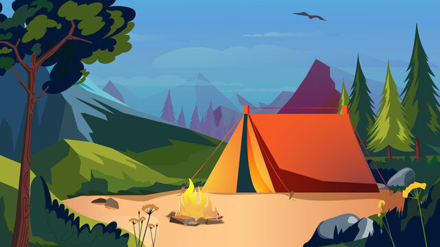 Overnight camping in forest concept. Outdoor recreation in tent, burning bonfire, green trees and plants in mountain landscape. Hiking tourism. Vector illustration background in flat cartoon design