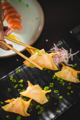 Naklejka na ściany i meble Perfect Sushi Japanese Asian Seafood Food Dish Menu Gourmet Restaurant Chef on Dark Background