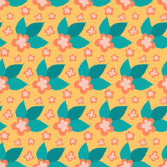 Blooming bush with leaf, seamless pattern yellow pink green floral background wallpaper textile