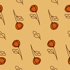 Delicate orange red tulip flower, seamless pattern yellow background textile design