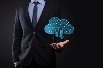 Cloud technology. Polygonal wireframe cloud storage sign with two arrows up and down on dark blue....