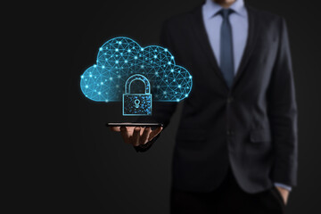 Cloud technology. Polygonal wireframe cloud storage sign with padlock on dark blue. Cloud...