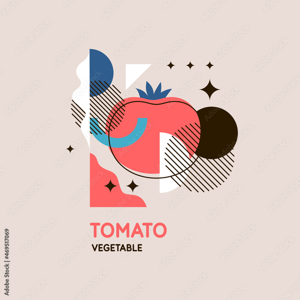 Poster vector graphics in a minimalistic style with geometric elements. illustration of a tomato in a flat 