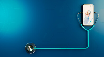 blue stethoscope with telemedicine concept, 3d illustration rendering