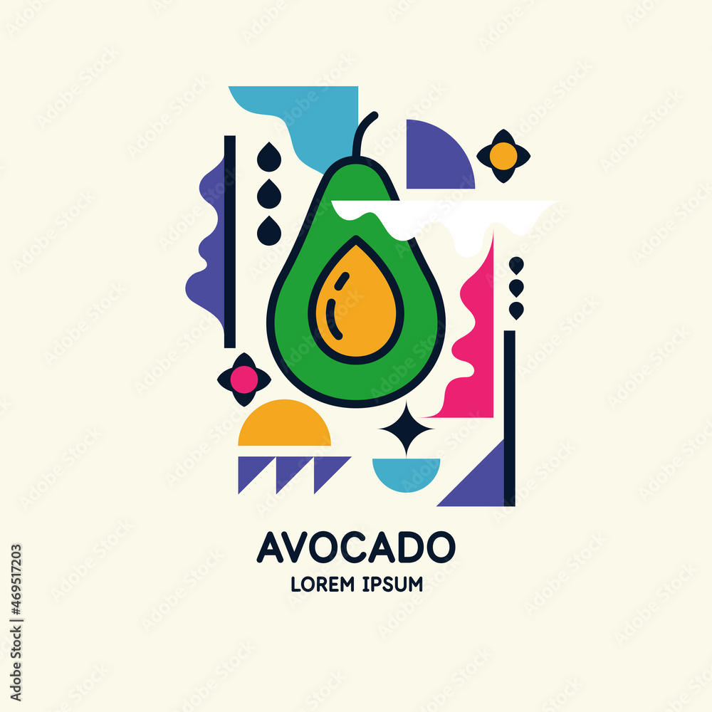 Poster vector graphics in a minimalistic style with geometric elements. illustration of a avocado in a flat