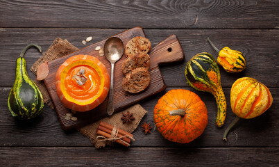 Pumpkin cream soup, squashes and pumpkins