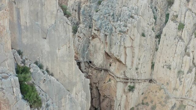 Drone 4k shot of Royal Trail El Caminito del Rey in gorge Chorro, Malaga province, Spain