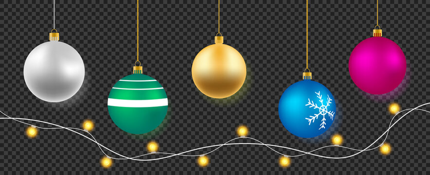 Set of vector realistic multicolored Christmas balls in 3d. Lights bulbs isolated on transparent background. Glowing golden Christmas garlands string with ball. Happy new year realistic objects