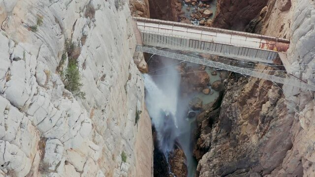 Drone 4k shot of Royal Trail El Caminito del Rey in gorge Chorro, Malaga province, Spain
