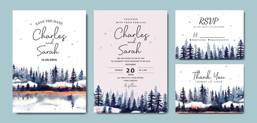 Wedding invitation set of watercolor winter landscape with pine trees and snow