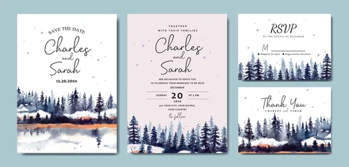 Foto op Plexiglas Wedding invitation set of watercolor winter landscape with pine trees and snow © Yorda