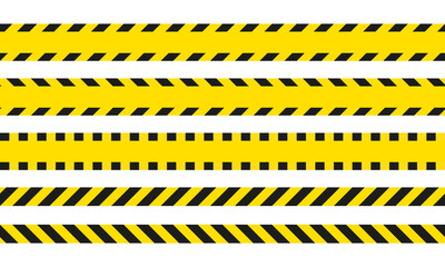 Yellow and black danger ribbons. Police line, crime scene, do not cross, construction site road
