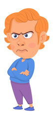 Angry man crossed arms. Red hair cartoon character.