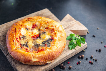 Pizza mushrooms, tomato sauce and cheese homemade fresh baking fast food meal snack on the table copy space food background 