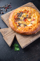 Pizza mushrooms, tomato sauce and cheese homemade fresh baking fast food meal snack on the table copy space food background 