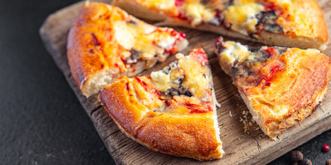 Pizza mushrooms, tomato sauce and cheese homemade fresh baking fast food meal snack on the table copy space food background 