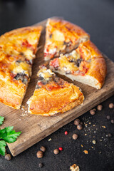 Pizza mushrooms, tomato sauce and cheese homemade fresh baking fast food meal snack on the table copy space food background 