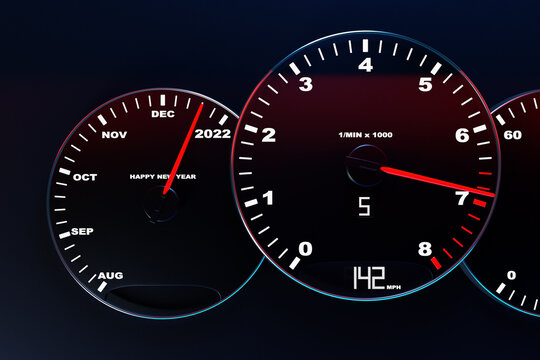 3D illustration Close up Instrument automobile panel with speedometer, tachometer, which says Merry Christmas 2021, 2022. The concept of the new year and Christmas in the automotive field