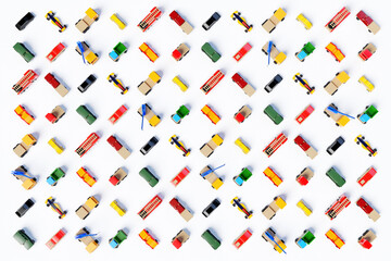 3d illustration of colorful models of children's cars of various types racing, trucks, pickups, firefighters, retro, convertibles on a white background