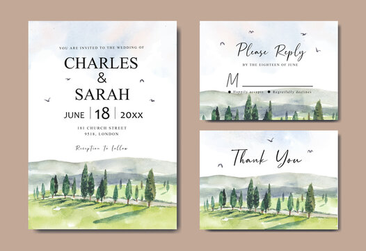 Wedding invitation with nature landscape watercolor