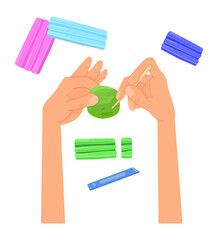 Kid sculpts head with modelling clay. Hands with plasticine.