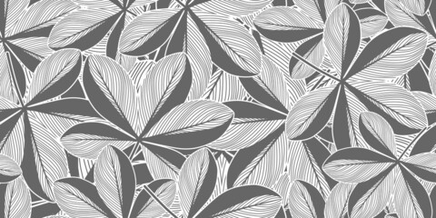 Monochrome jungle leaves seamless pattern. Black and white tropical wallpaper. Exotic hawaiian backdrop.