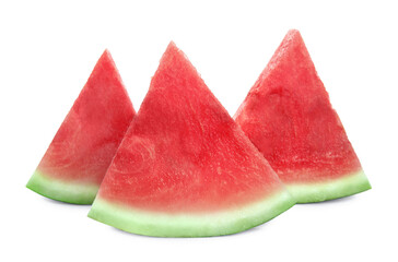 Slices of delicious ripe seedless watermelon on white background