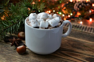 Cup of hot chocolate or cocoa with marshmallows. Cozy winter holidays and Christmas