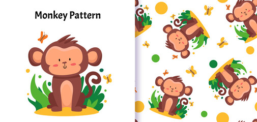 Seamless pattern with cute Monkey. Vector illustration for kids. Can be used for textiles print  and gift wrapping Baby Shower. Vector cartoon illustration