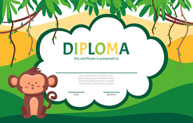 Colorful school and preschool diploma certificate with cute monkey for kids and children in kindergarten or primary grades. Vector cartoon flat illustration