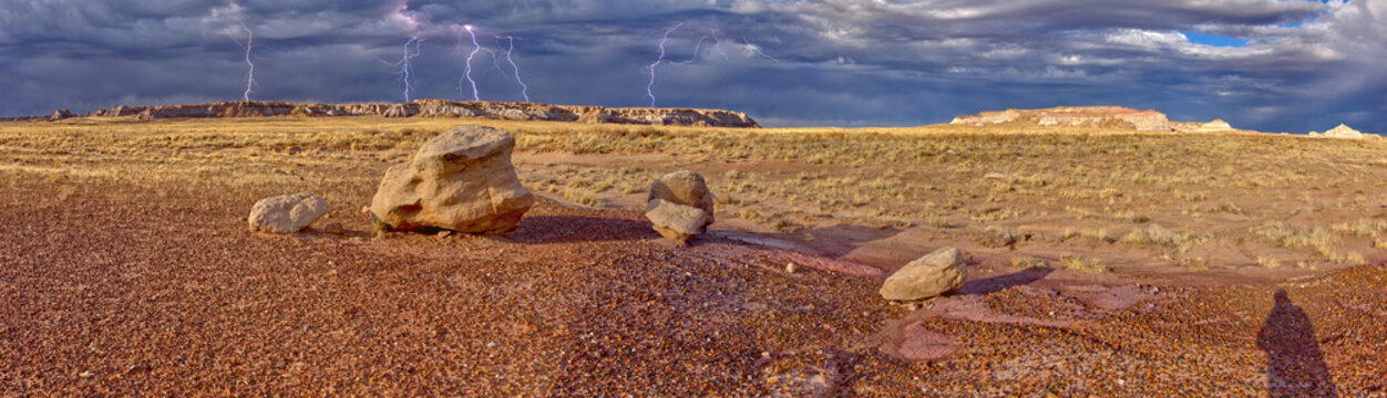 Large storm approaching Blue Mesa in Petrified Forest National Park, viewed from the Red Basin Trail, near Holbrook, Arizona