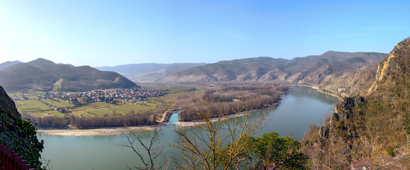Panoramic view across the Danube valley in the so called Wachau at Rossatz, Austria