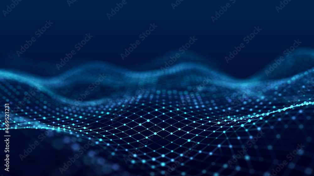 Poster futuristic blue wave with intertwined lines and dots. lots of data. musical flow of sounds. 3d rende