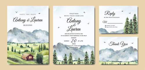 Naklejka na ściany i meble Wedding invitation set of green nature landscape with house and mountain watercolor