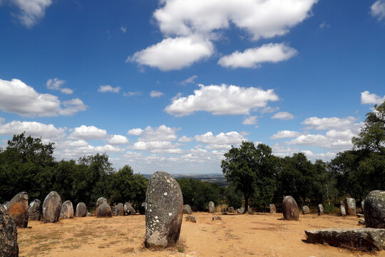 The Cromlech of the Almendres, a megalithic complex, one of largest existing group of structured menhirs in Europe, Evora, Alentejo, Portugal