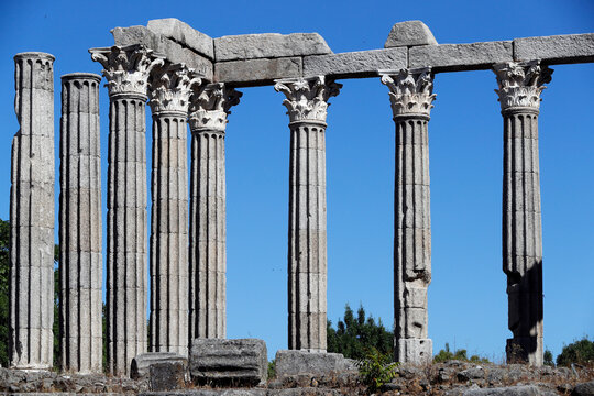 Corinthian columns of Roman Temple of Diana, Evora, UNESCO World Heritage Site, Alentejo, Portugal