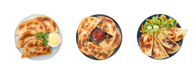 Set with delicious fried chebureki on white background, top view. Banner design