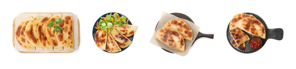 Set with delicious fried chebureki on white background, top view. Banner design