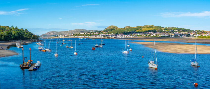 View of boats of the Conwy River, Conwy, Gwynedd, North Wales