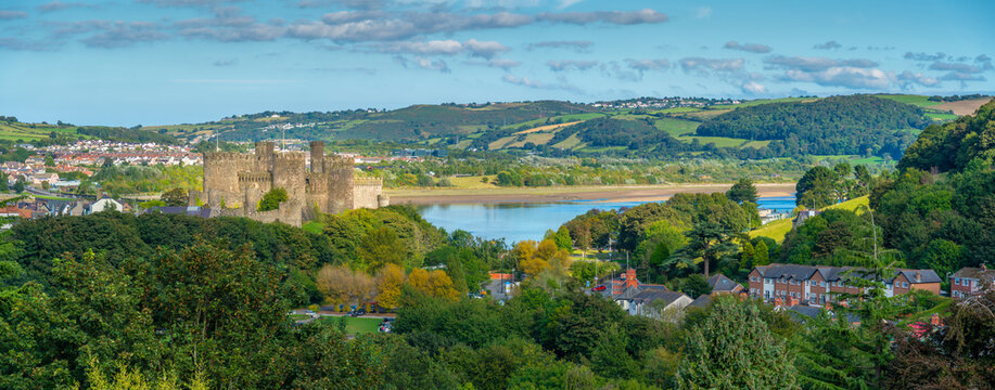 Elevated view of Conwy Castle, UNESCO World Heritage Site, and Conwy River visible in background, Conwy, Gwynedd, North Wales