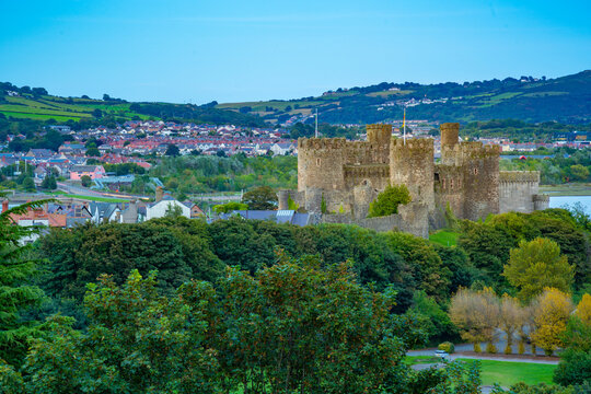 Elevated view of Conwy Castle, UNESCO World Heritage Site, and Conwy River visible in background, Conwy, Gwynedd, North Wales