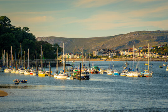 View of boats of the Conwy River in late afternoon, Conwy, Gwynedd, North Wales