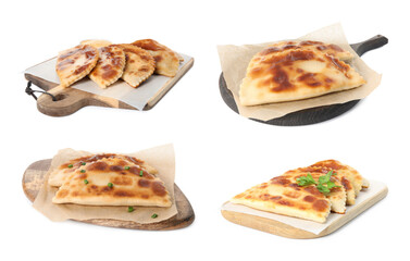 Set with delicious fried chebureki on white background