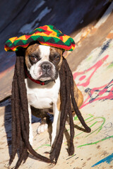 Funny Boston Terrier  in a colored beret with pigtails in  Jamaican style