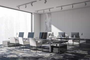 Corner view on dark office room interior with panoramic window