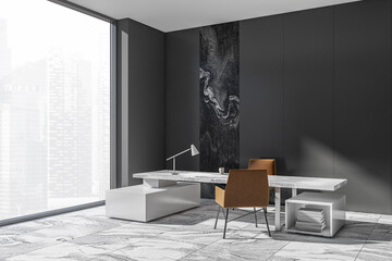 Corner view on dark office room interior with desk, armchairs