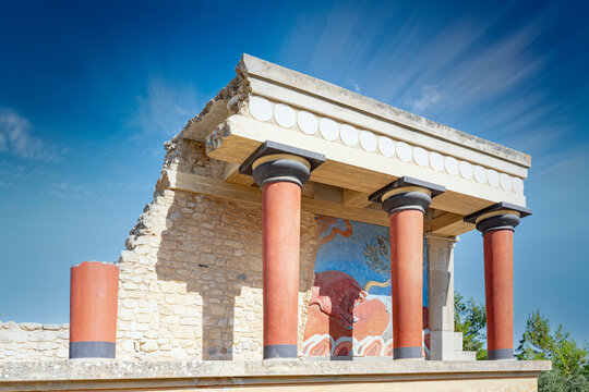 Minoan Palace Of Knossos With Bull Fresco, Heraklion, Crete, Greek Islands