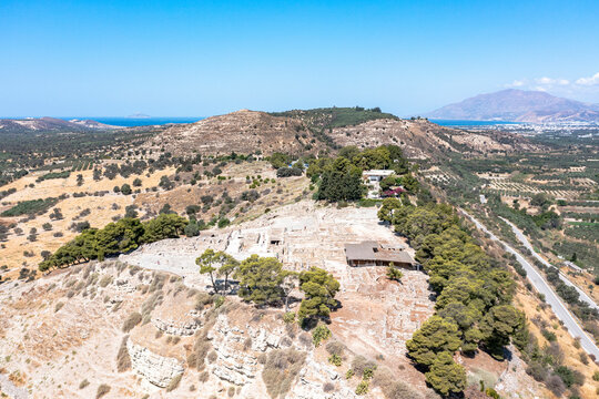 Aerial view of the old Minoan Palace and ruins at Phaistos archaeological site, Crete, Greek Islands, Eurpoe