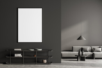 Dark living room interior with empty white poster, sofa, shelves,