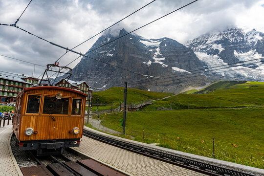 The Jungfrau railway below the Eiger North Face, Kleine Scheidegg, Bernese Oberland, Switzerland